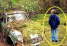 Kid walking through forest finds an abandoned old car, notices an old box with an envelope inside